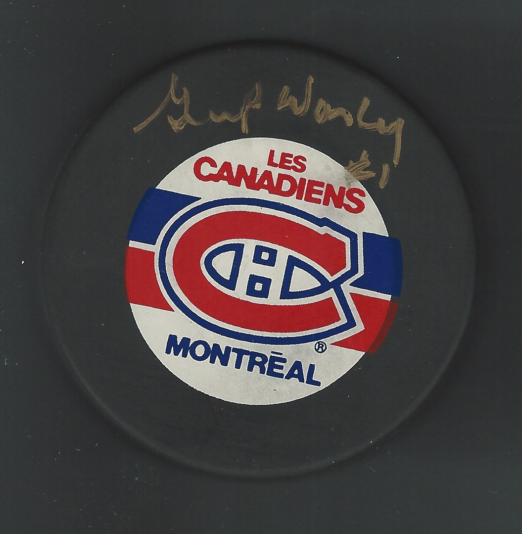 Gump Worsley Signed Montreal Canadiens Trench Puck Signed In Gold