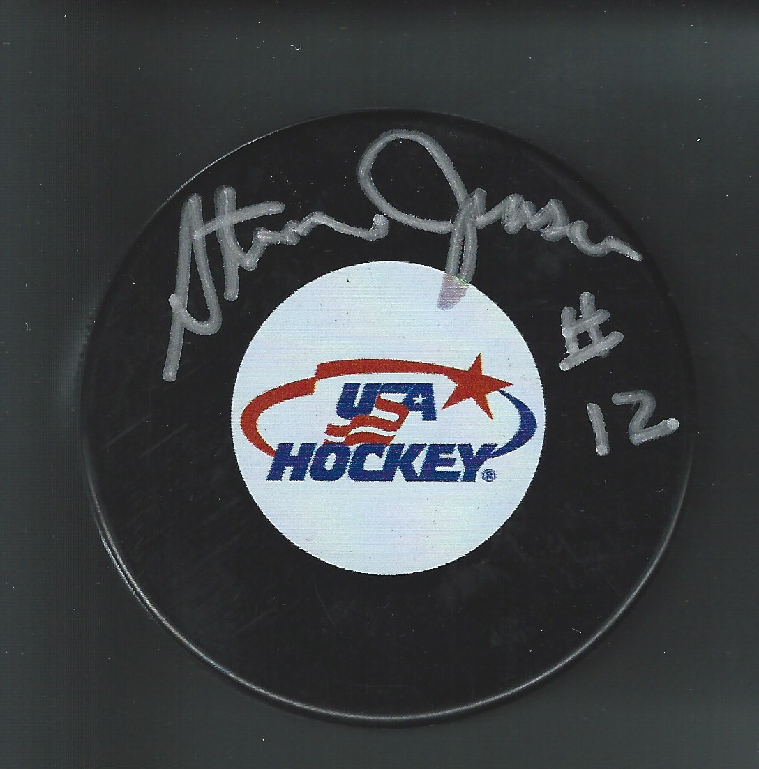 Steve Jensen Signed USA Puck 1976 Olympics Leading Scorer Minnesota North Stars