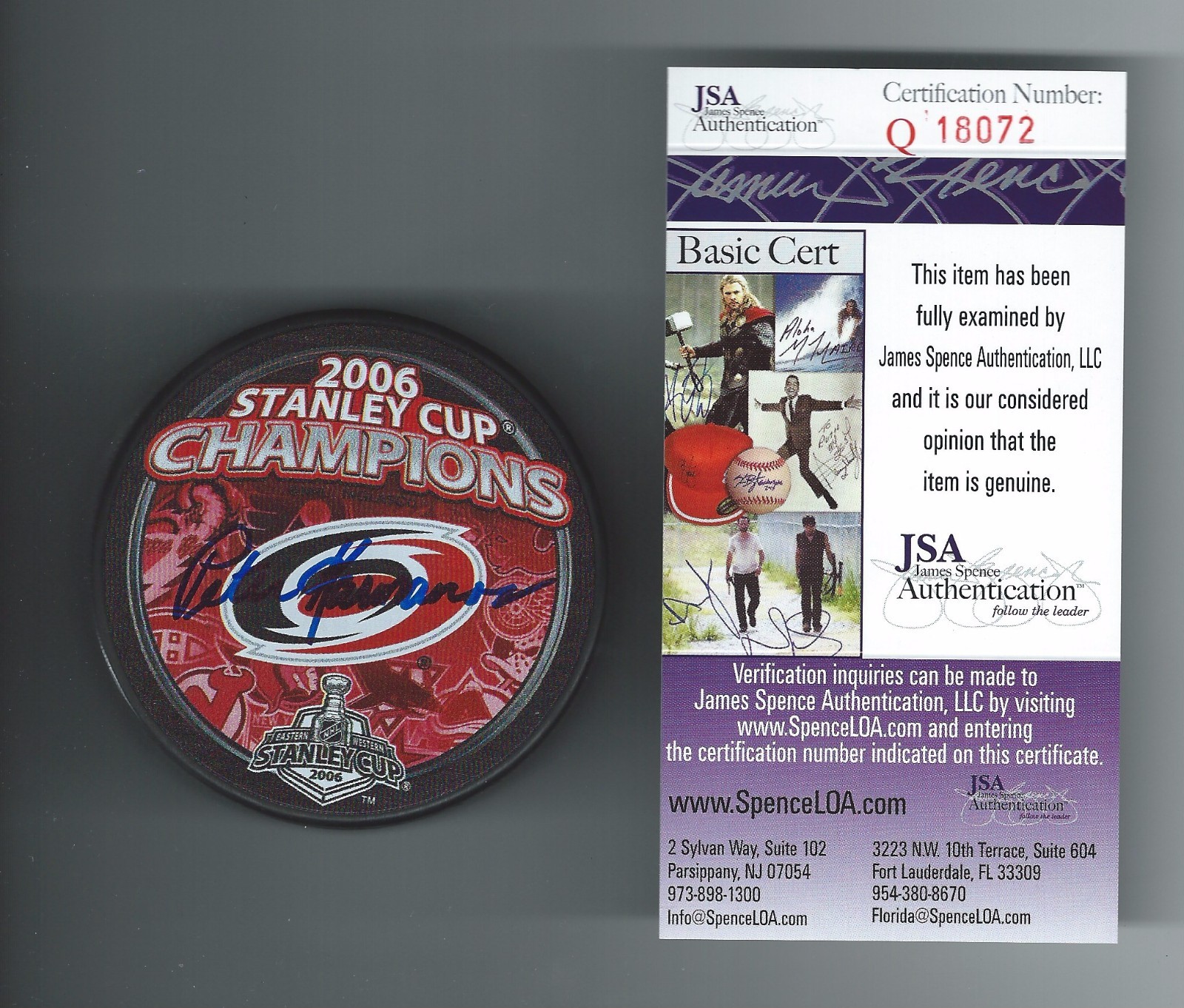 PETER KARMANOS SIGNED CAROLINA HURRICANES 2006 STANLEY CUP PUCK JSA Q18072