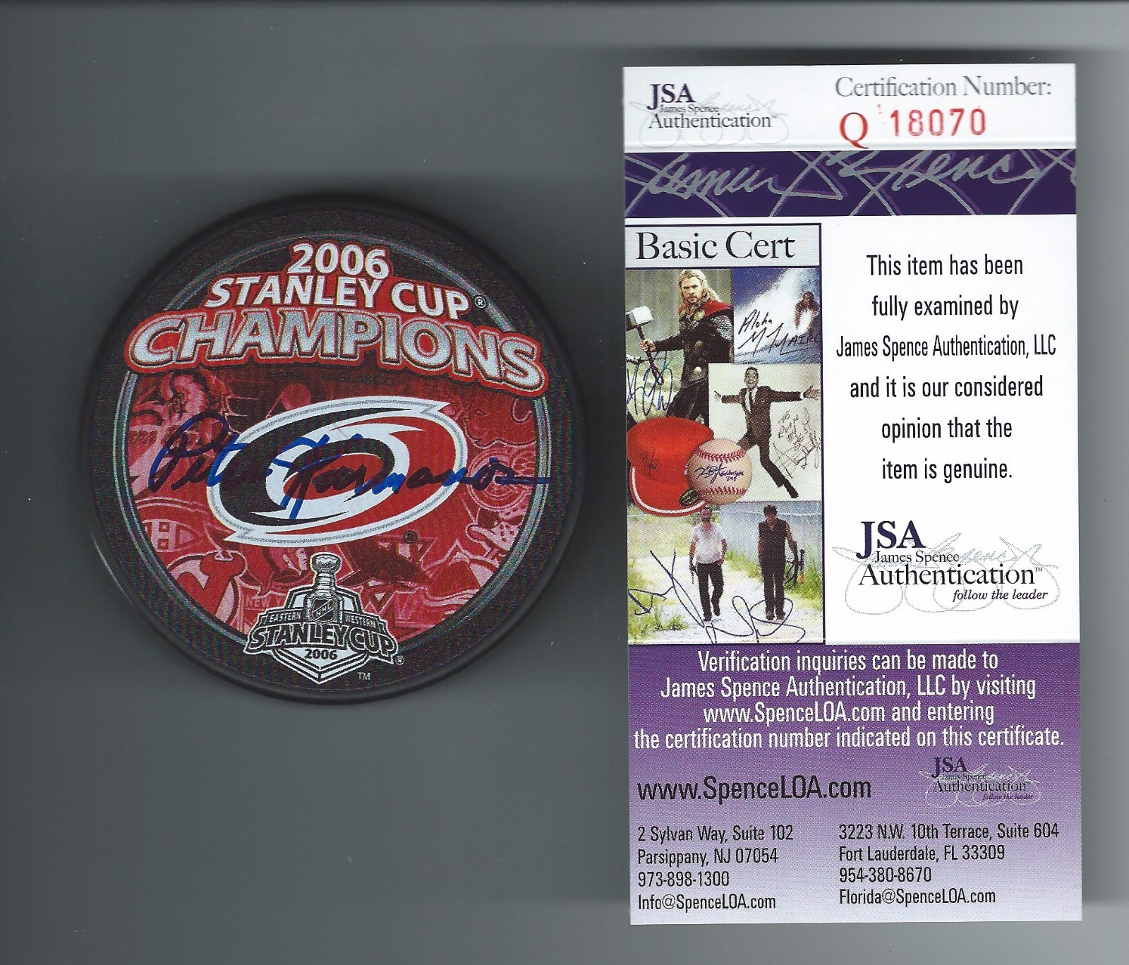 PETER KARMANOS SIGNED CAROLINA HURRICANES 2006 STANLEY CUP PUCK JSA Q18070