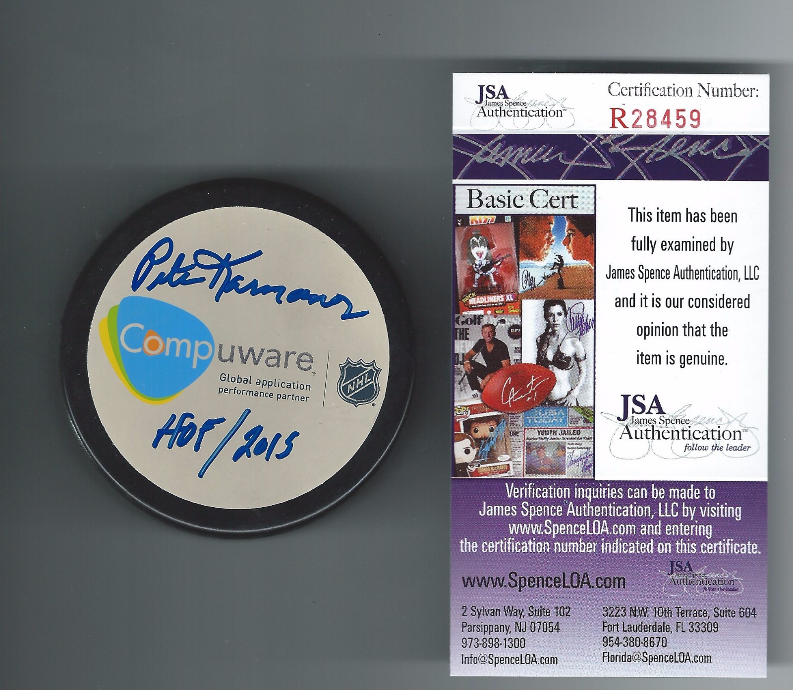 Peter Karmanos Signed & Inscribed Compuware Puck Carolina Hurricanes JSA COA