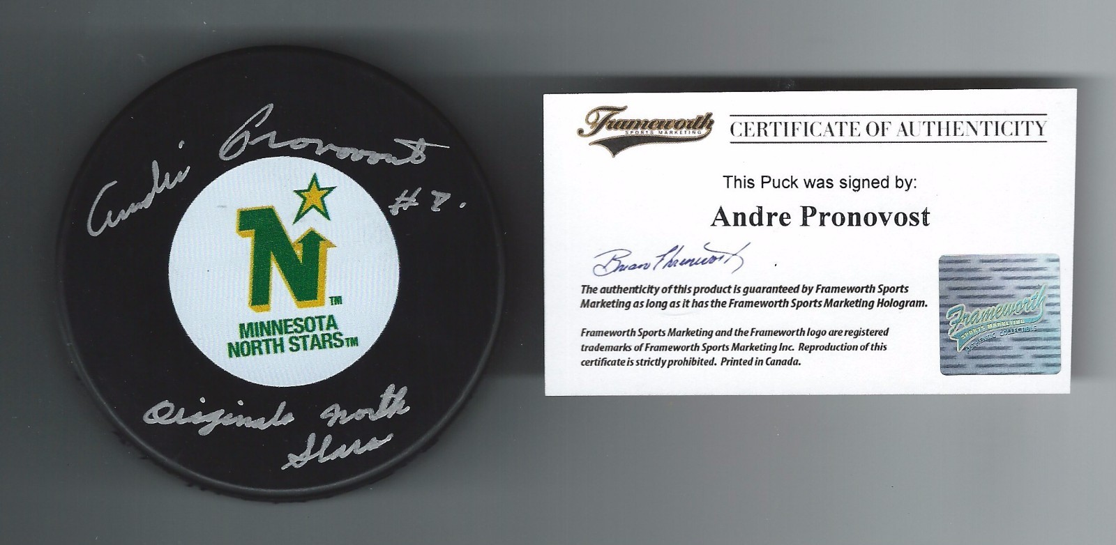 Andre Pronovost Signed & Inscribed Minnesota North Stars Puck Frameworth COA