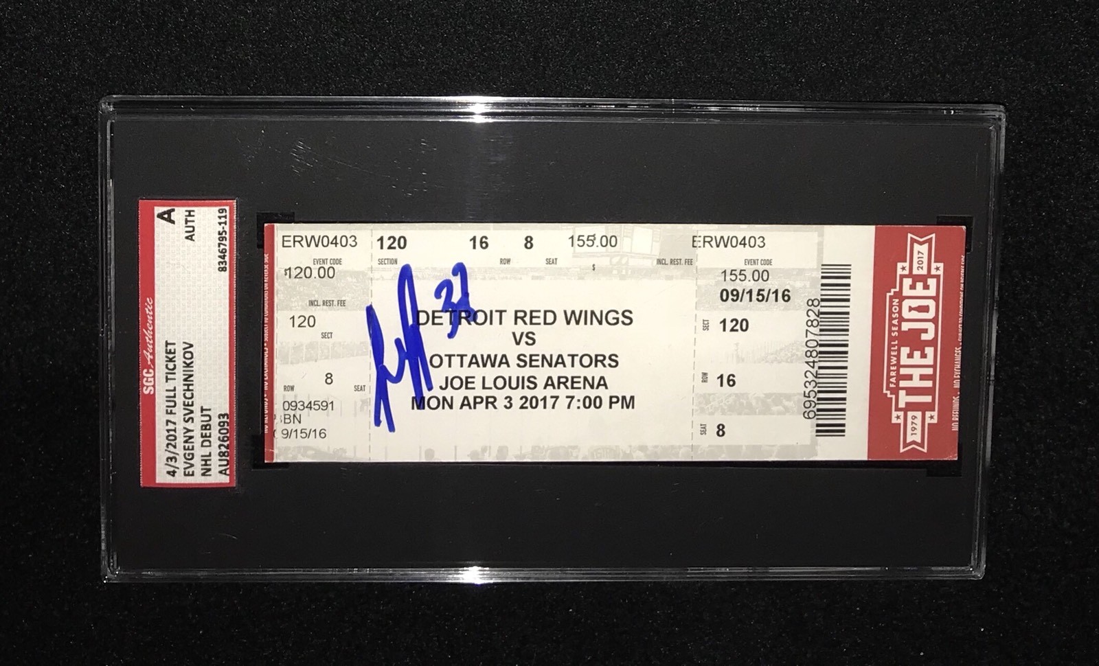 EVGENY SVECHNIKOV DETROIT RED WINGS SIGNED NHL DEBUT TICKET SGC SLABBED AU826093