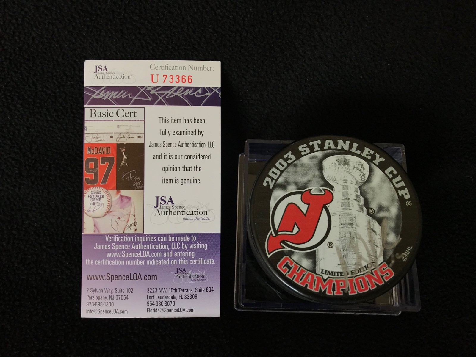 Martin Brodeur Signed New Jersey Devils 2003 Stanley Cup Puck JSA COA U73366