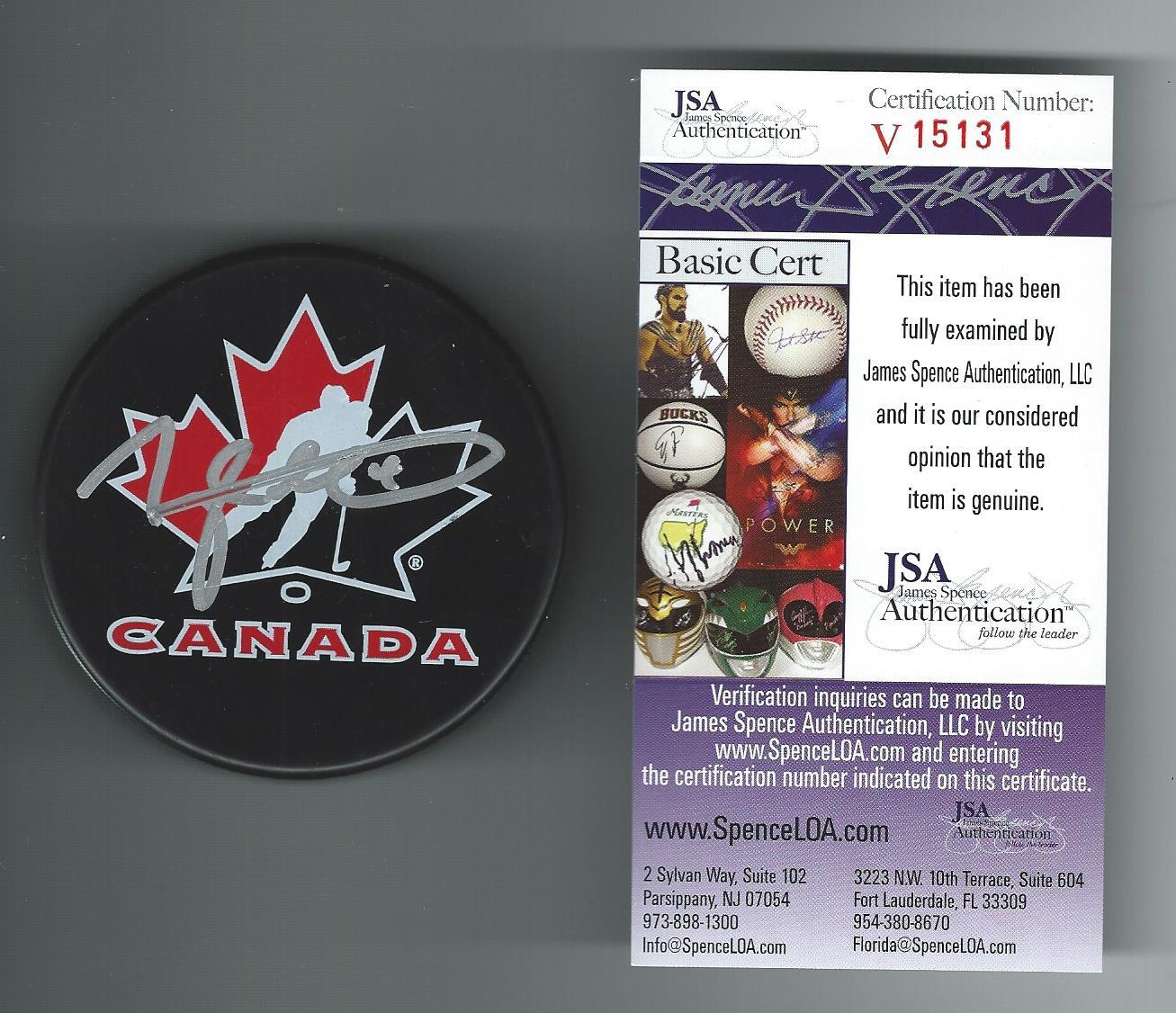 Taylor Hall Signed Team Canada Puck Early Junior Auto JSA COA V15131 Bruins