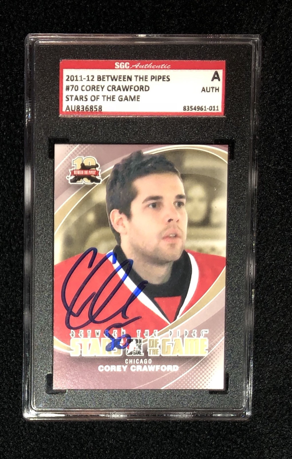 COREY CRAWFORD SIGNED 2011/12 BETWEEN THE PIPES CARD #70 SGC AUTHENTICATED