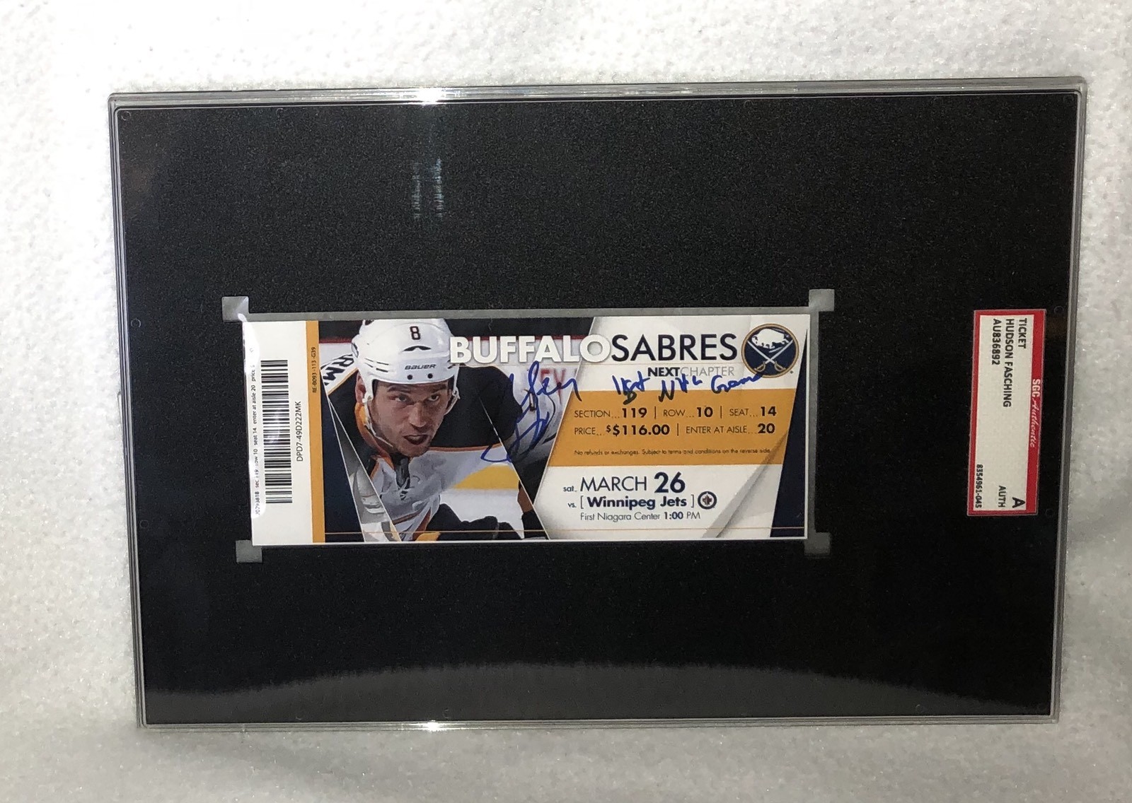 HUDSON FASCHING SABRES SIGNED 1ST NHL GOAL TICKET SGC AU836892 GOLDEN GOPHERS