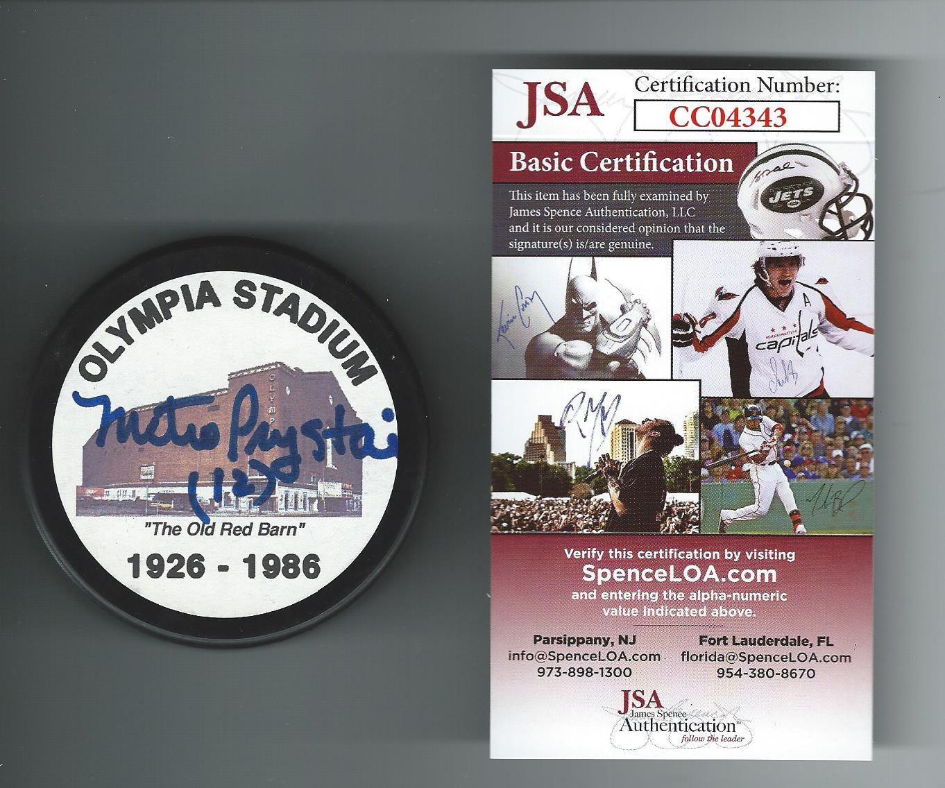 Metro Prystai Signed Detroit Red Wings Olympia Stadium Puck JSA COA CC04343