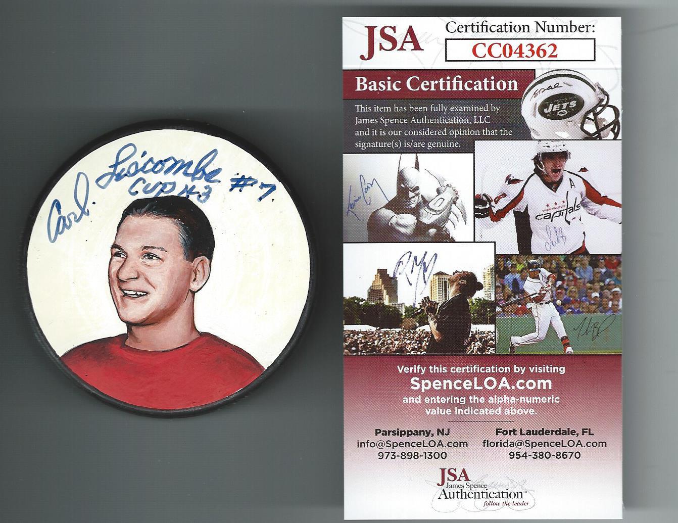 Carl Liscombe Signed Detroit Red Wings Custom Painted Lithograph Puck JSA COA