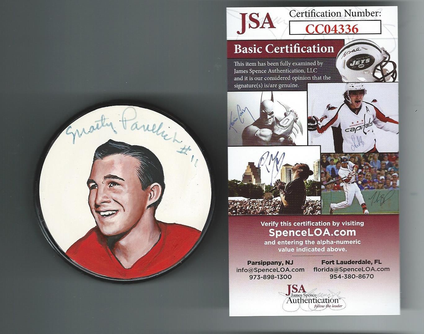 Marty Pavelich Signed Detroit Red Wings Custom Painted Lithograph Puck JSA COA
