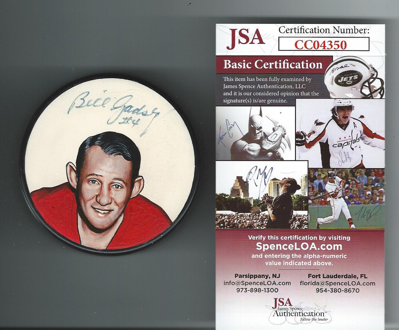 Bill Gadsby Signed Detroit Red Wings Custom Painted Lithograph Puck JSA COA