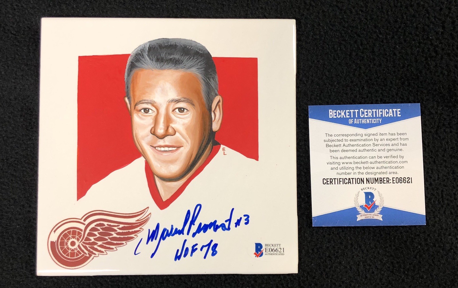 Marcel Pronovost Signed Detroit Red Wings Hand Painted Tile Beckett COA