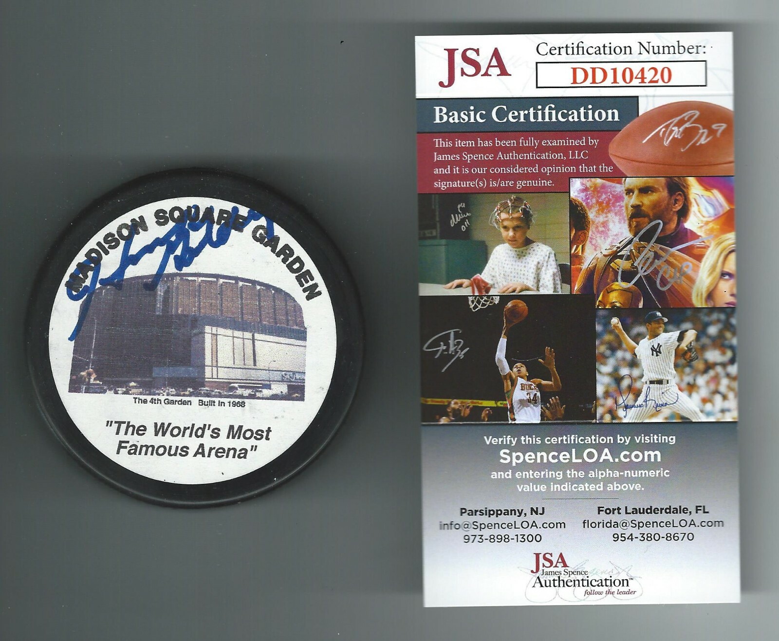 Jean-Guy Gendron Signed New York Rangers Madison Square Garden MSG Puck JSA COA