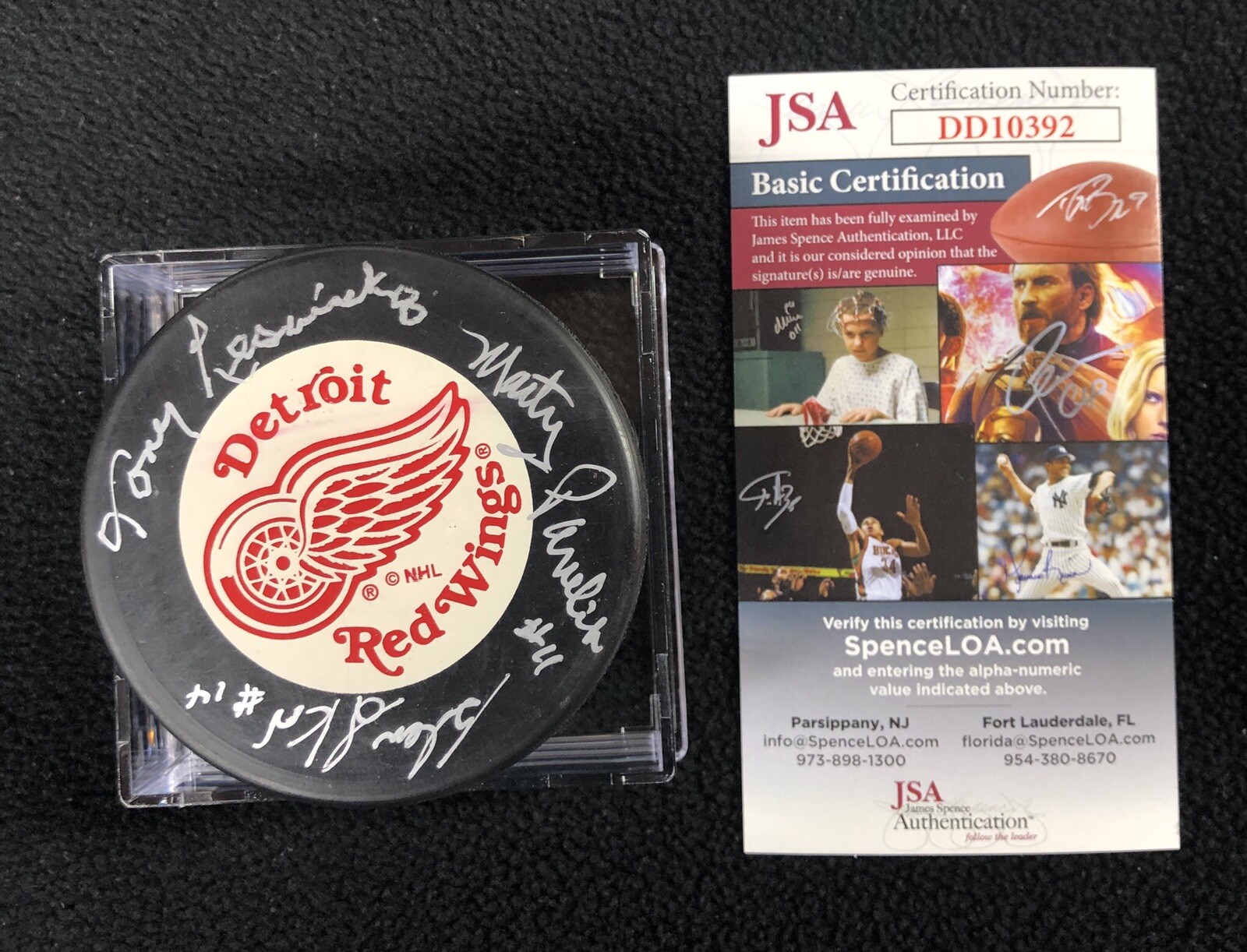 Tony Leswick Marty Pavelich & Glen Skov Signed Detroit Red Wings Trench Puck JSA