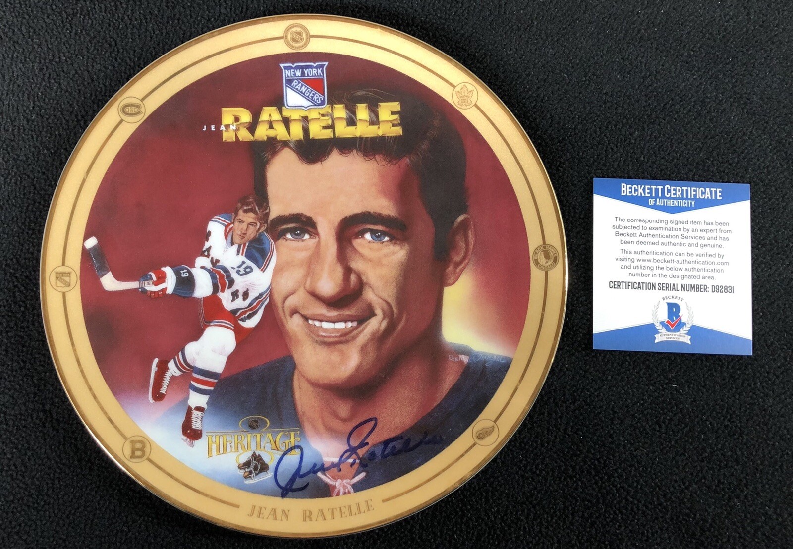 Jean Ratelle Signed 1994 Legends Of Hockey New York Rangers Plate Beckett COA