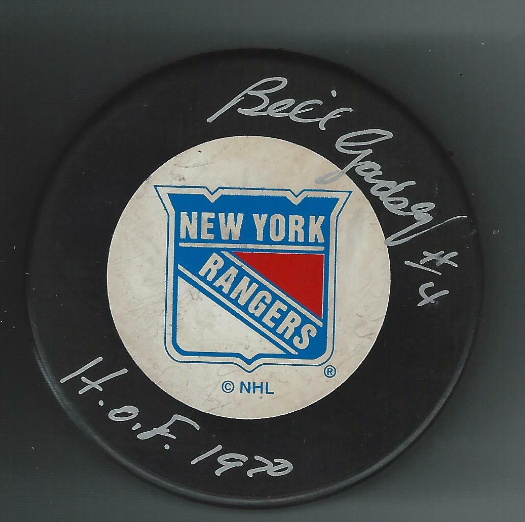 Bill Gadsby Signed New York Rangers Trench Puck