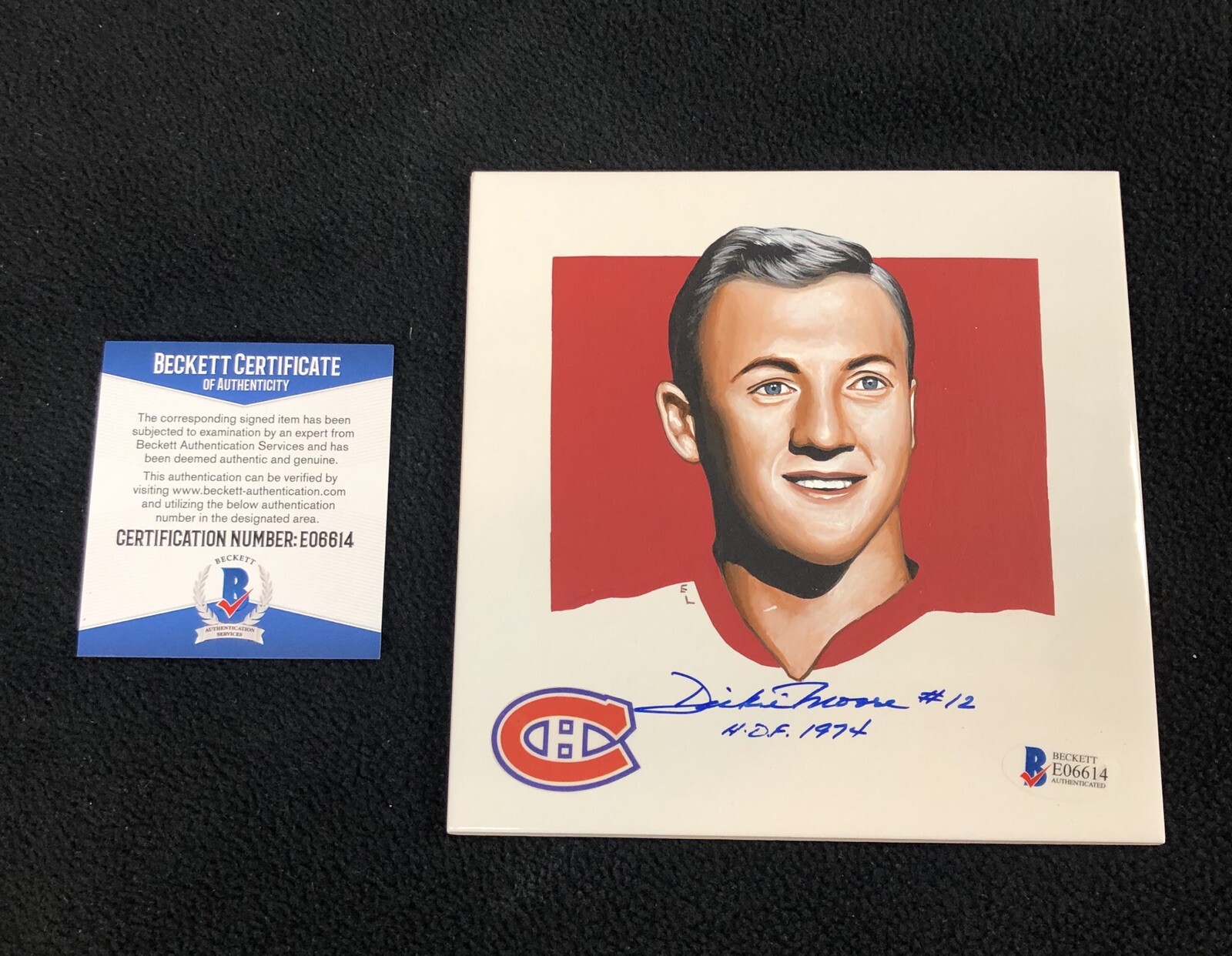 Dickie Moore Signed Montreal Canadiens Hand Painted Tile Beckett COA