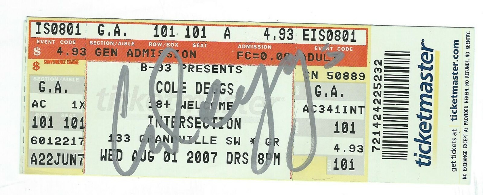 Cole Deggs Signed 2007 Concert Full Ticket