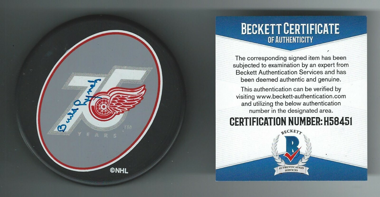 Budd Lynch Signed Detroit Red Wings 75th Anniversary Puck Beckett COA H58451