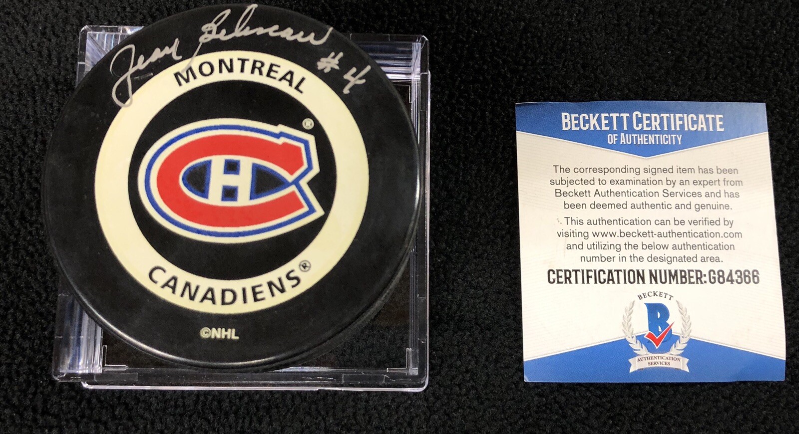 Jean Beliveau Signed Montreal Canadiens Official Game Puck Beckett COA