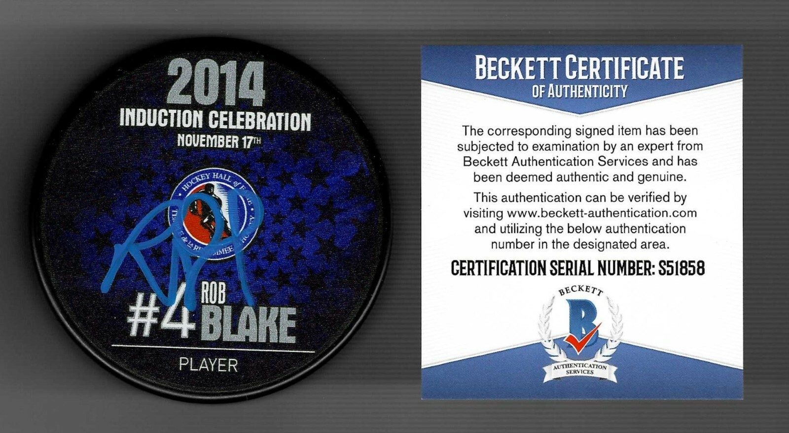 Rob Blake Signed Hockey Hall Of Fame Induction Puck Beckett COA Kings Avalanche
