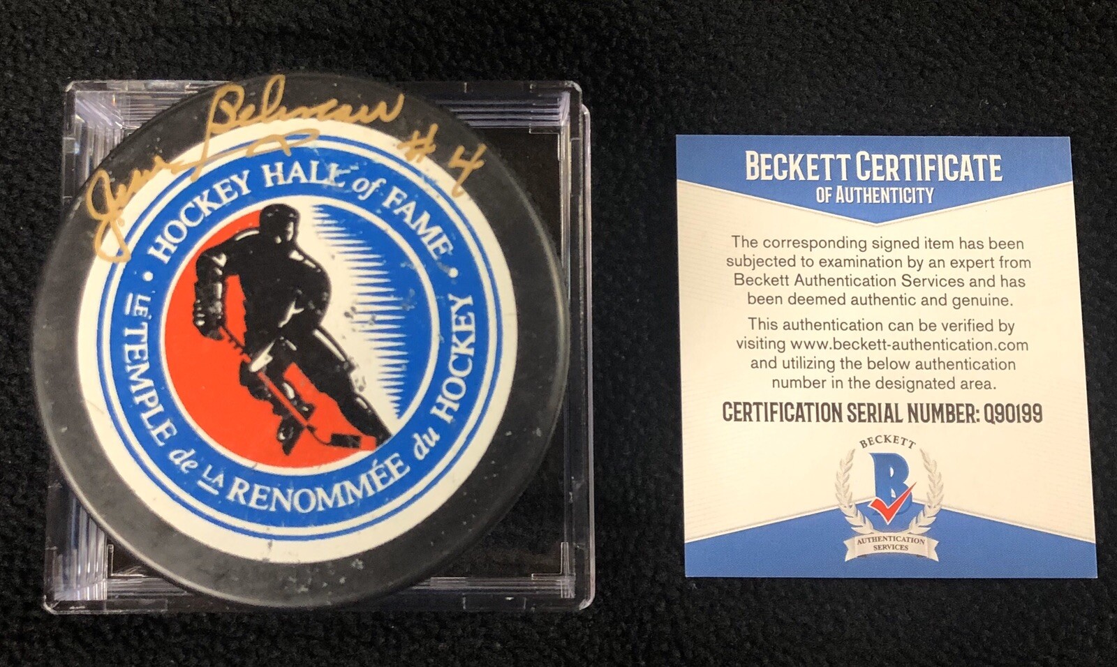 Jean Beliveau Signed Hockey Hall Of Fame Puck Beckett COA HOF Montreal Canadiens