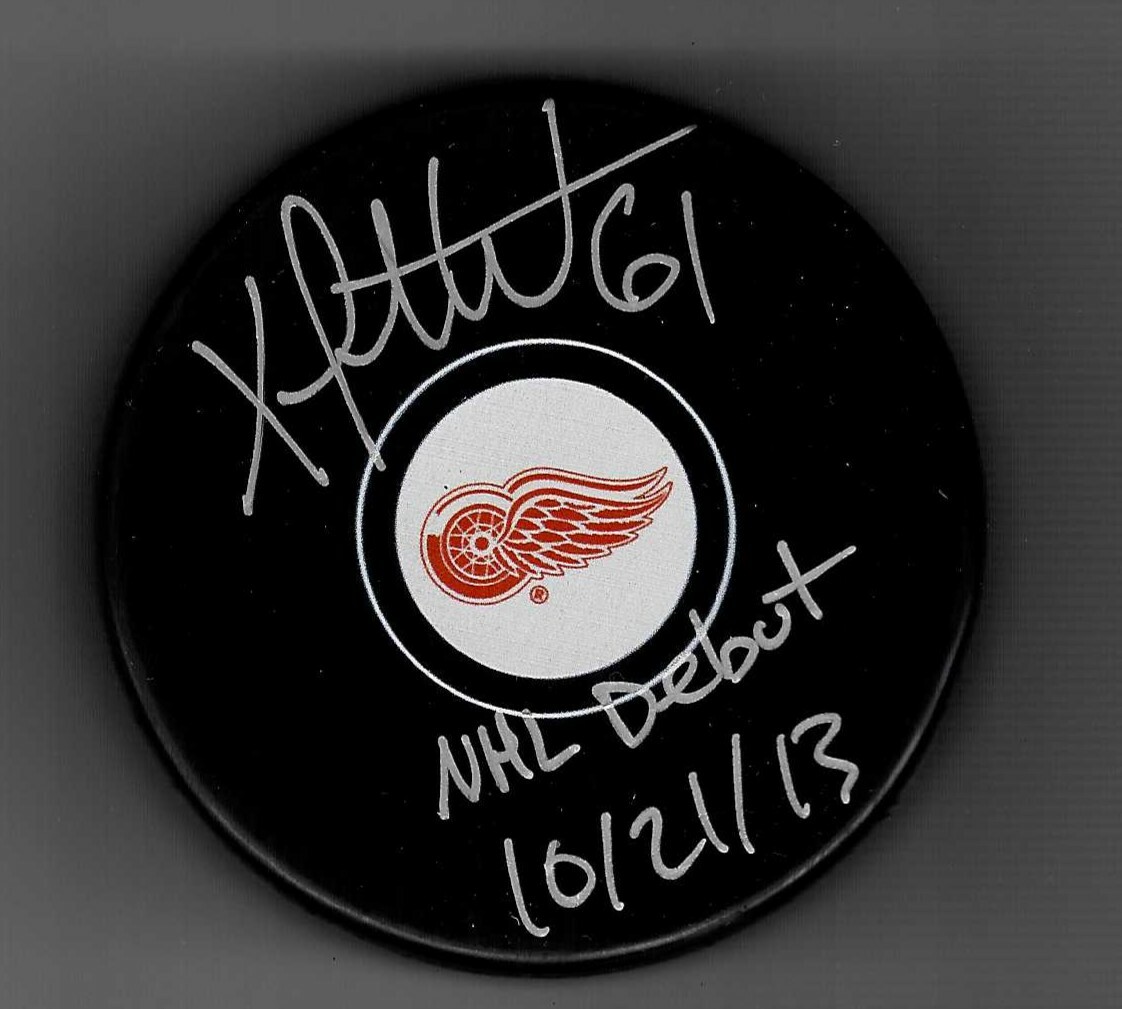 XAVIER OUELLET SIGNED  INSCRIBED NHL DEBUT DATED 10-21-13 DETROIT RED WINGS PUCK COLLECTIBLE MEMORABILIA