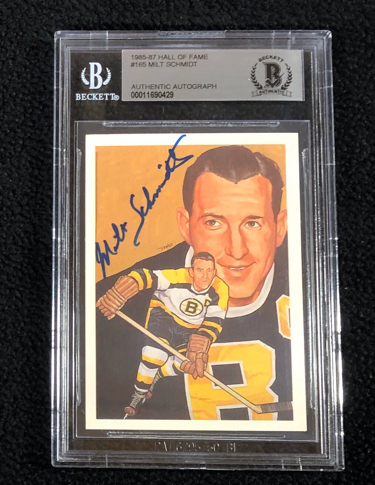 Milt Schmidt Signed Boston Bruins Hall Of Fame Card #165 Beckett Certified
