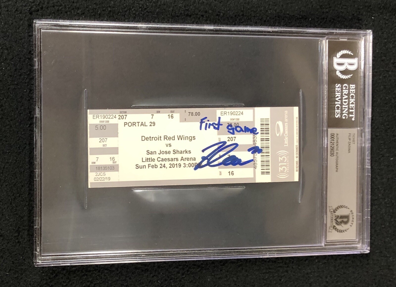 Filip Zadina Signed Detroit Red Wings 1st NHL Game Ticket BAS Authenticated