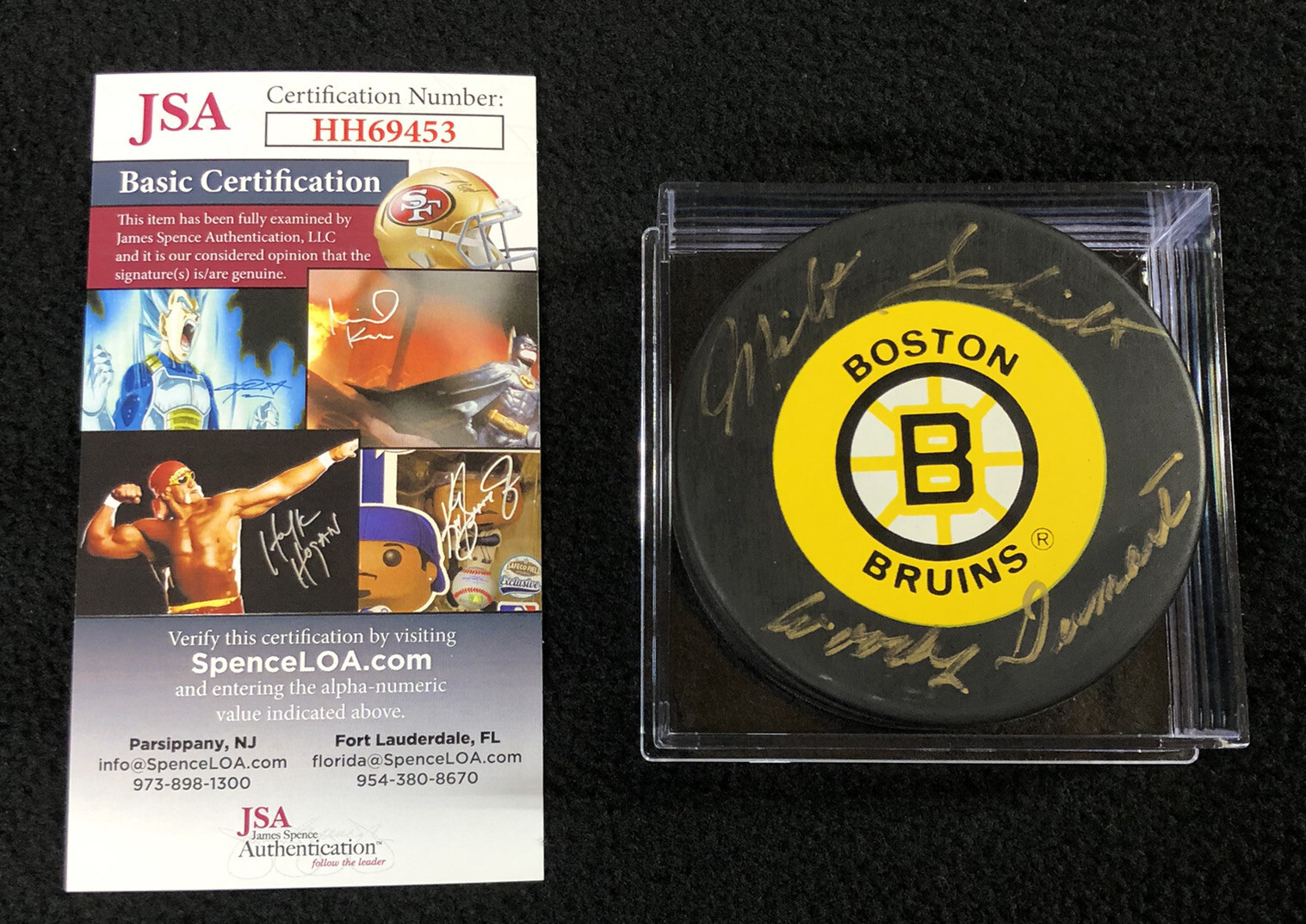 Milt Schmidt & Woody Dumart Signed Boston Bruins Trench Puck JSA COA