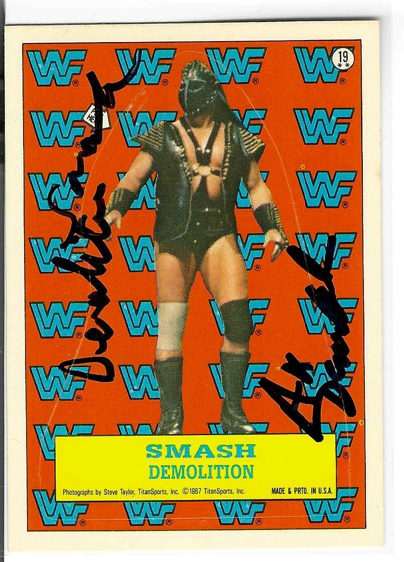 DEMOLITION AX AND SMASH SIGNED 1987 TITAN SPORTS STICKER & PUZZLE CARD #19 COLLECTIBLE MEMORABILIA