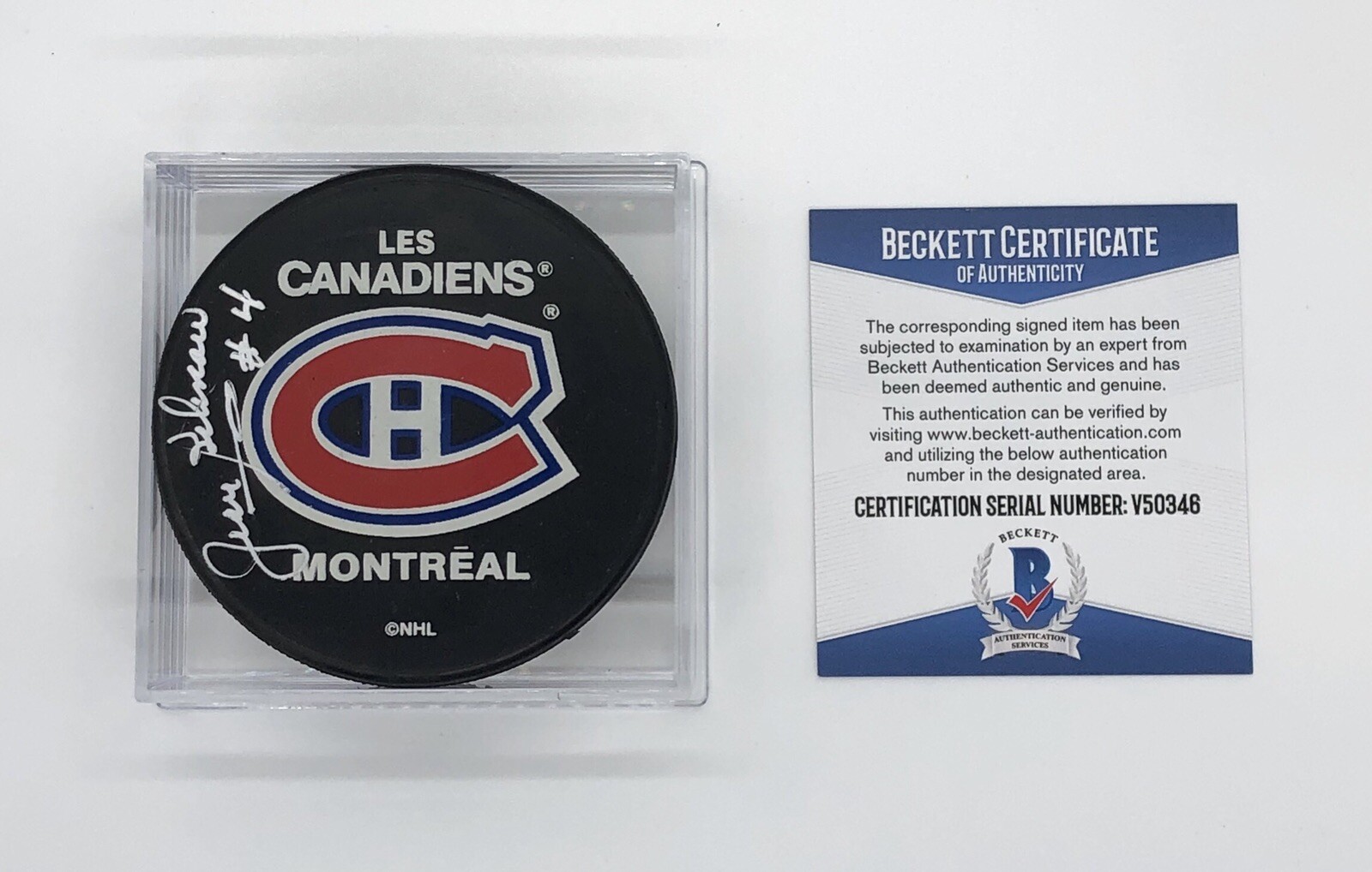 Jean Beliveau Signed Montreal Canadiens Souvenir Puck Beckett COA