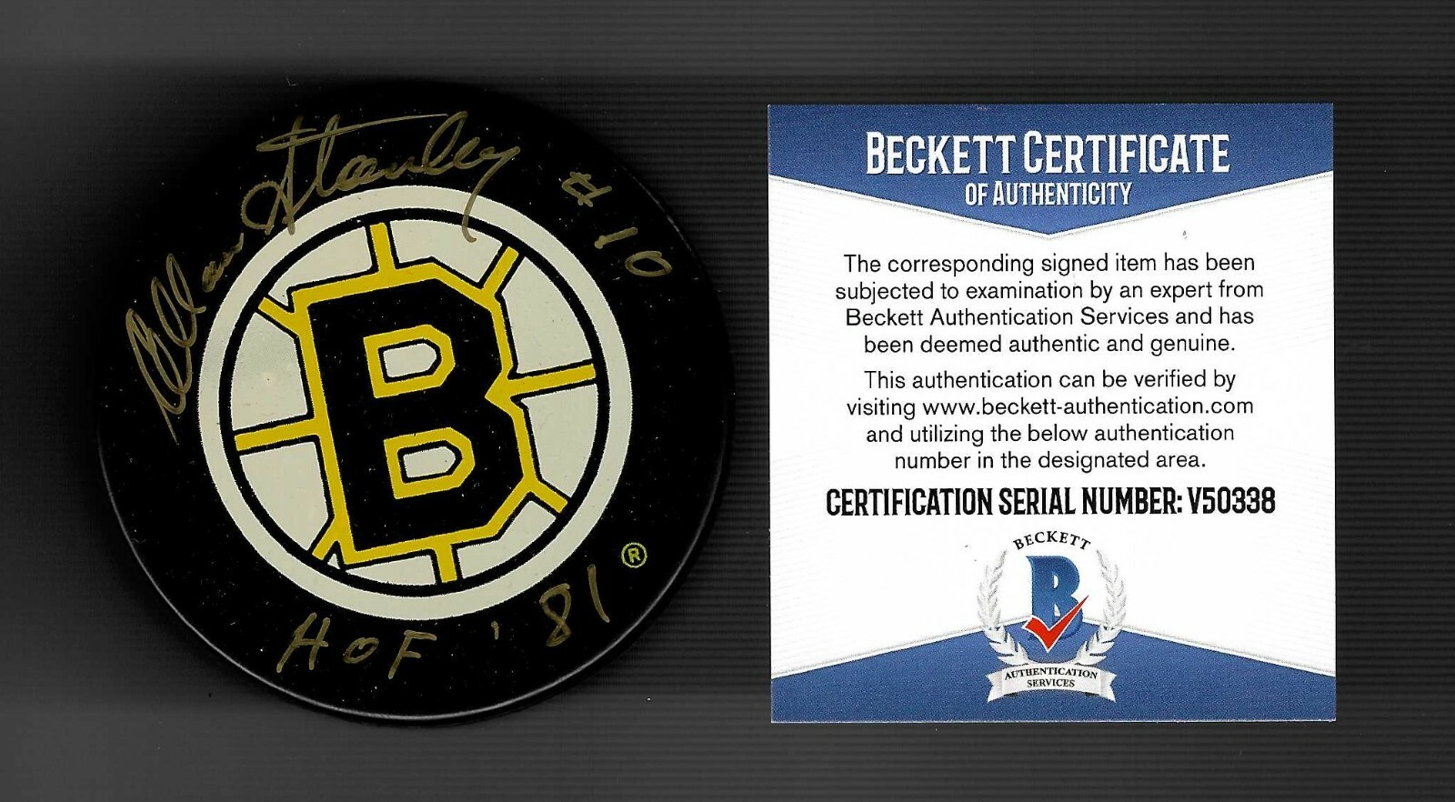 Allan Stanley Signed Boston Bruins Official Game Puck Beckett COA