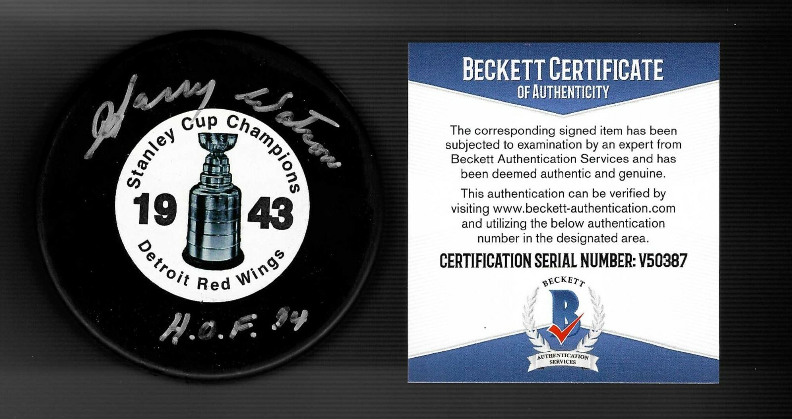 Harry Watson Signed HOF Detroit Red Wings 1943 Stanley Cup Champs Puck BAS COA