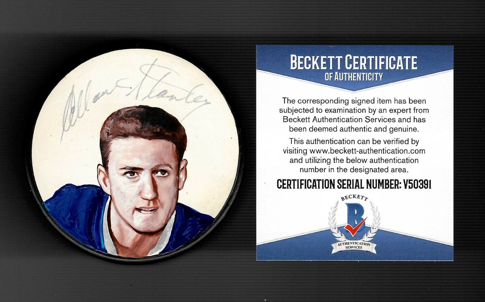 Allan Stanley Signed Toronto Maple Leafs Custom Hand Painted Puck Beckett COA