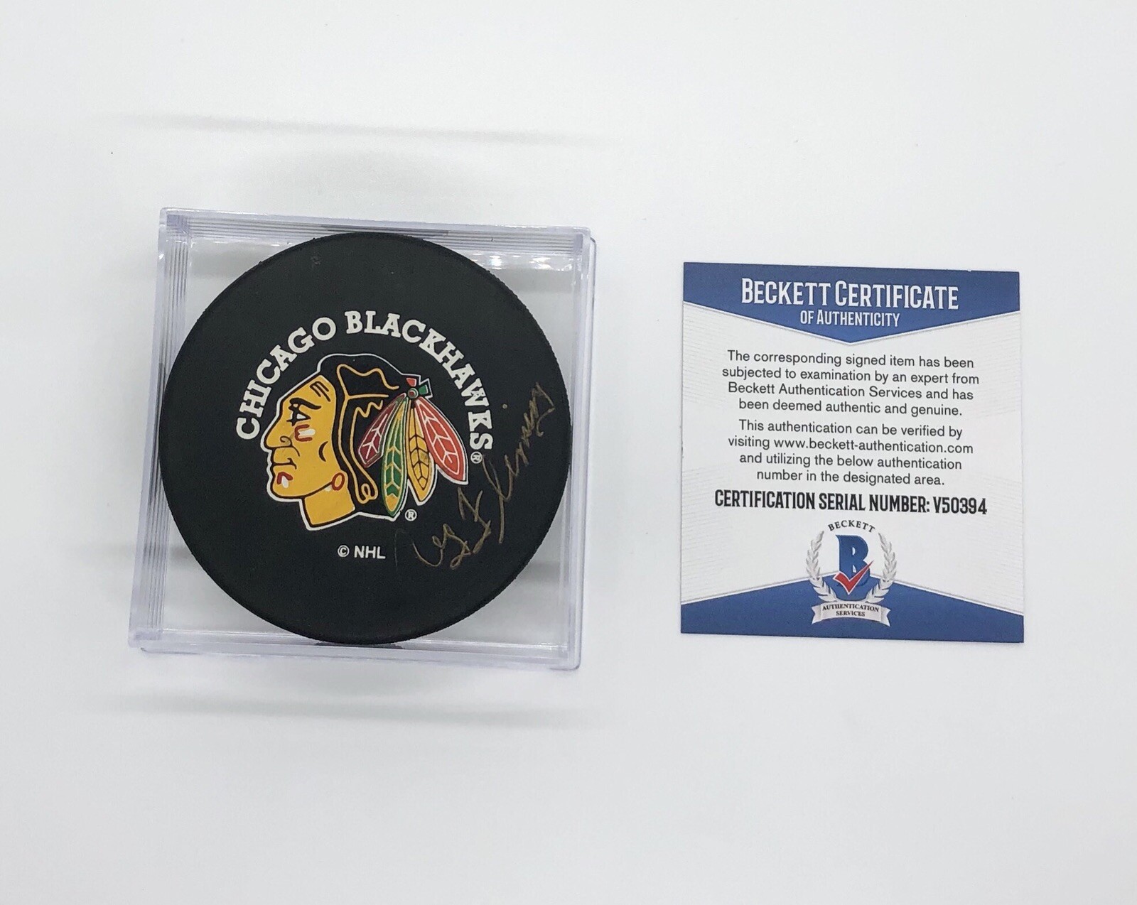 Reg Fleming Signed Chicago Blackhawks Trench Puck Beckett COA T98199