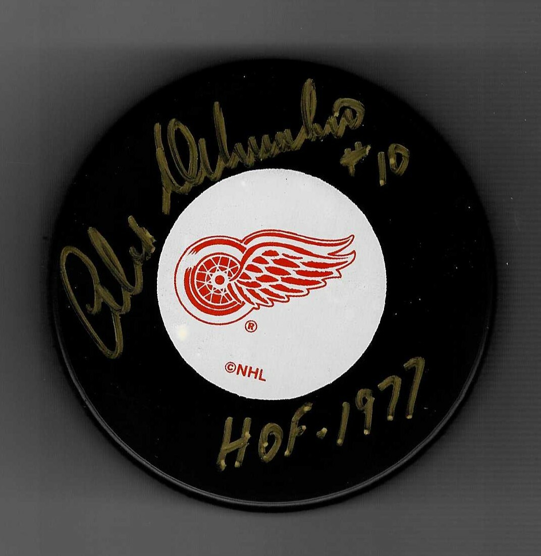 Alex Delvecchio Signed Inscribed HOF 1977 Detroit Red Wings Large Logo Puck Gold