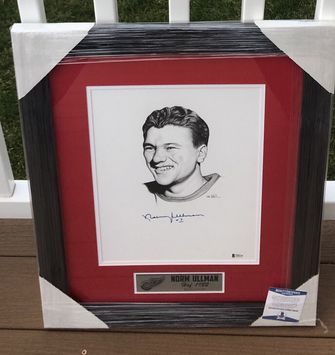 Norm Ullman Signed Detroit Red Wings Framed Matted Pencil Sketch Beckett COA