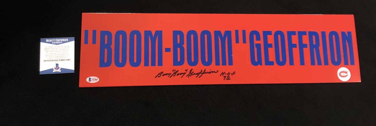“BOOM BOOM” GEOFFRION SIGNED MONTREAL CANADIENS CUSTOM STREET SIGN BECKETT COA COLLECTIBLE MEMORABILIA