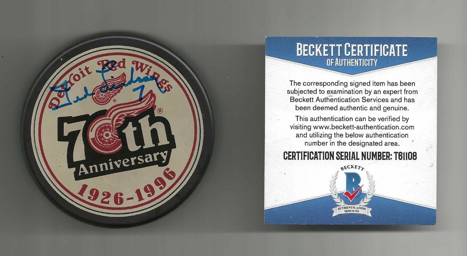 Ted Lindsay Signed Detroit Red Wings 70th Anniversary Puck Beckett COA