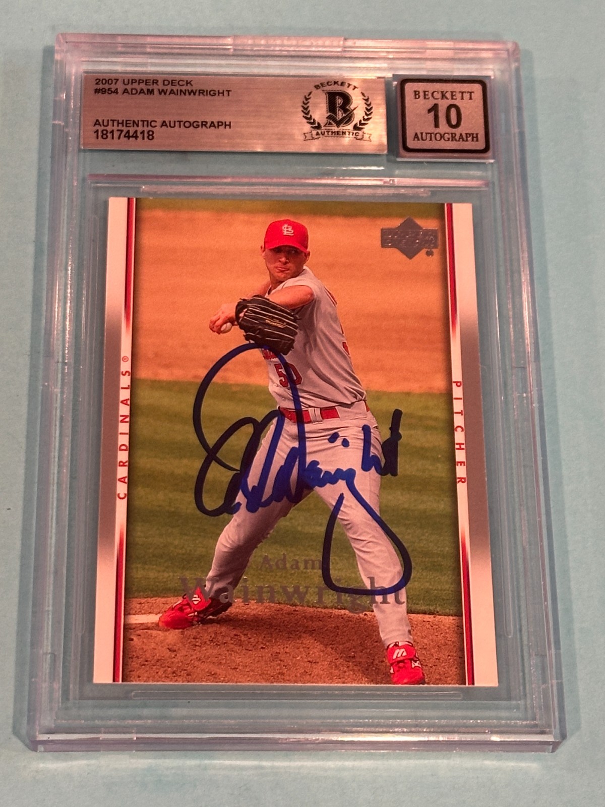 ADAM WAINWRIGHT Signed 2007 UPPER DECK Card #954 Beckett Auth BAS AUTO 10