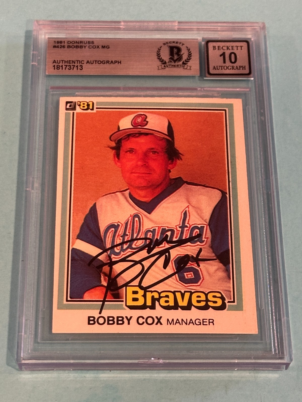 BOBBY COX Signed 1981 DONRUSS Card #426 MG Beckett BAS AUTO 10