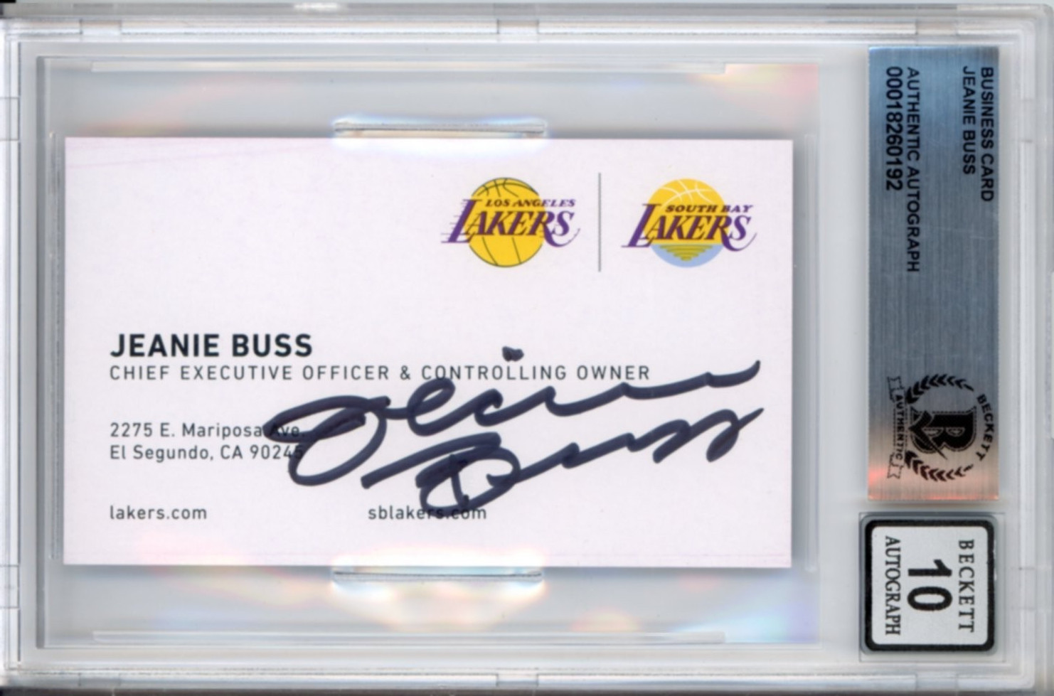 JEANIE BUSS LA LOS ANGELES LAKERS OWNER SIGNED BUSINESS CARD BECKETT BAS 10 AUTO