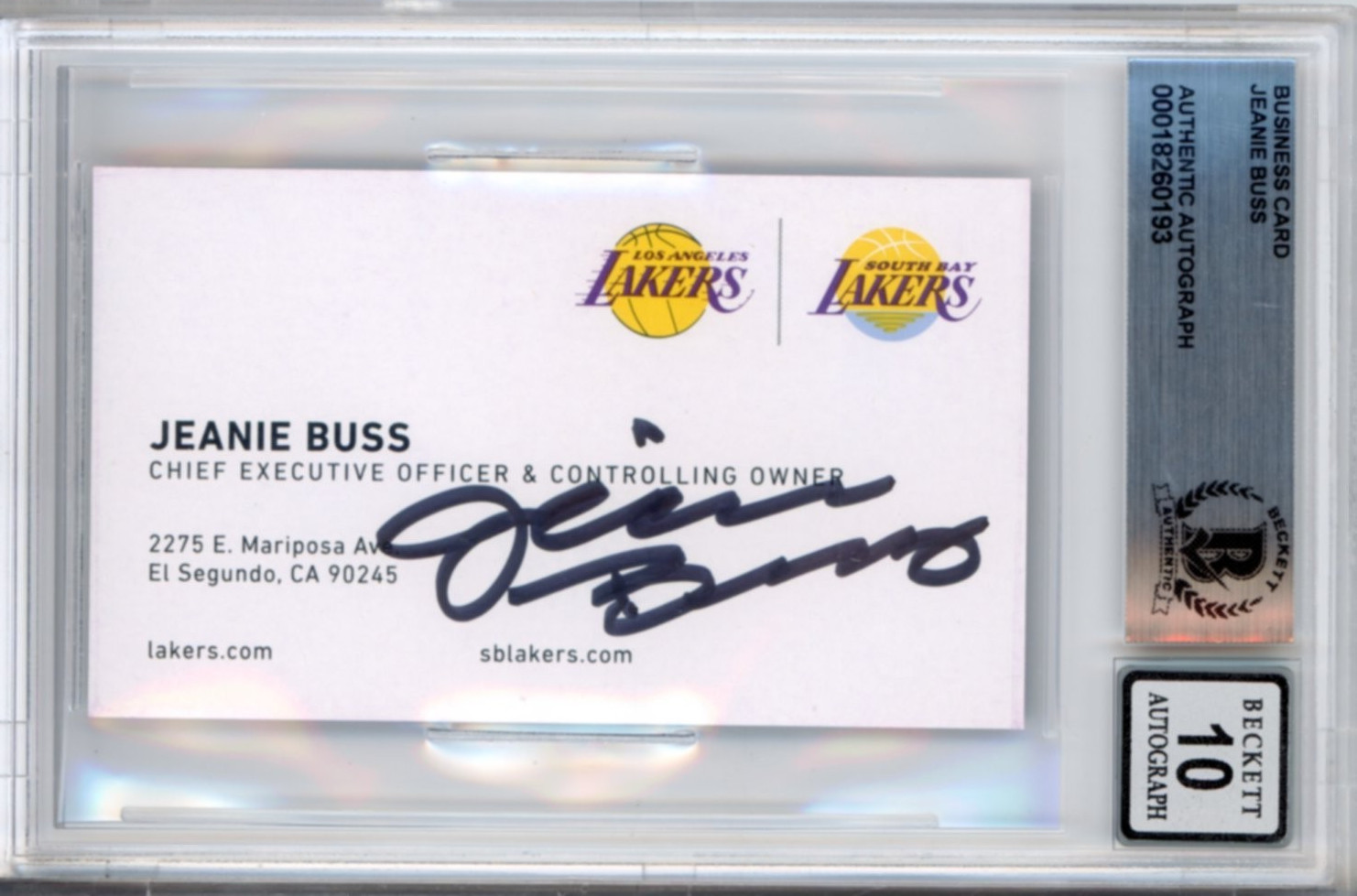 JEANIE BUSS LA LOS ANGELES LAKERS OWNER SIGNED BUSINESS CARD BECKETT BAS 10 AUTO