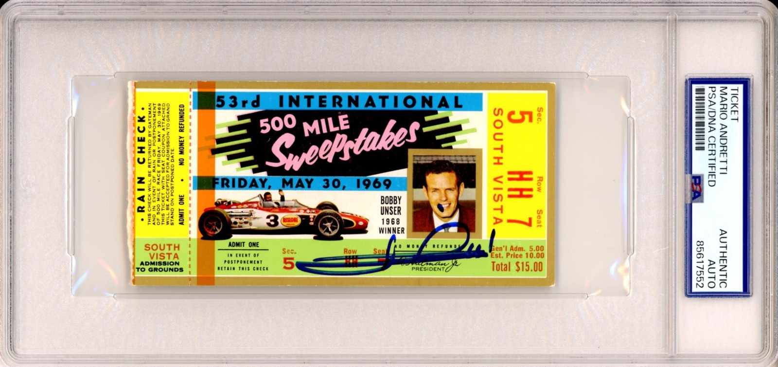 1969 Indy Indianapolis 500 Ticket SIGNED By Mario Andretti Winner PSA DNA COA