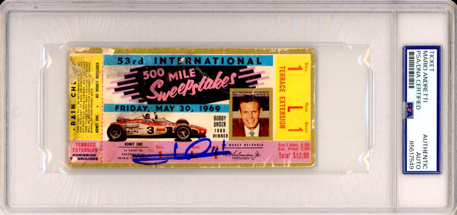 1969 Indy Indianapolis 500 Ticket SIGNED Mario Andretti Winner PSA DNA COA RARE