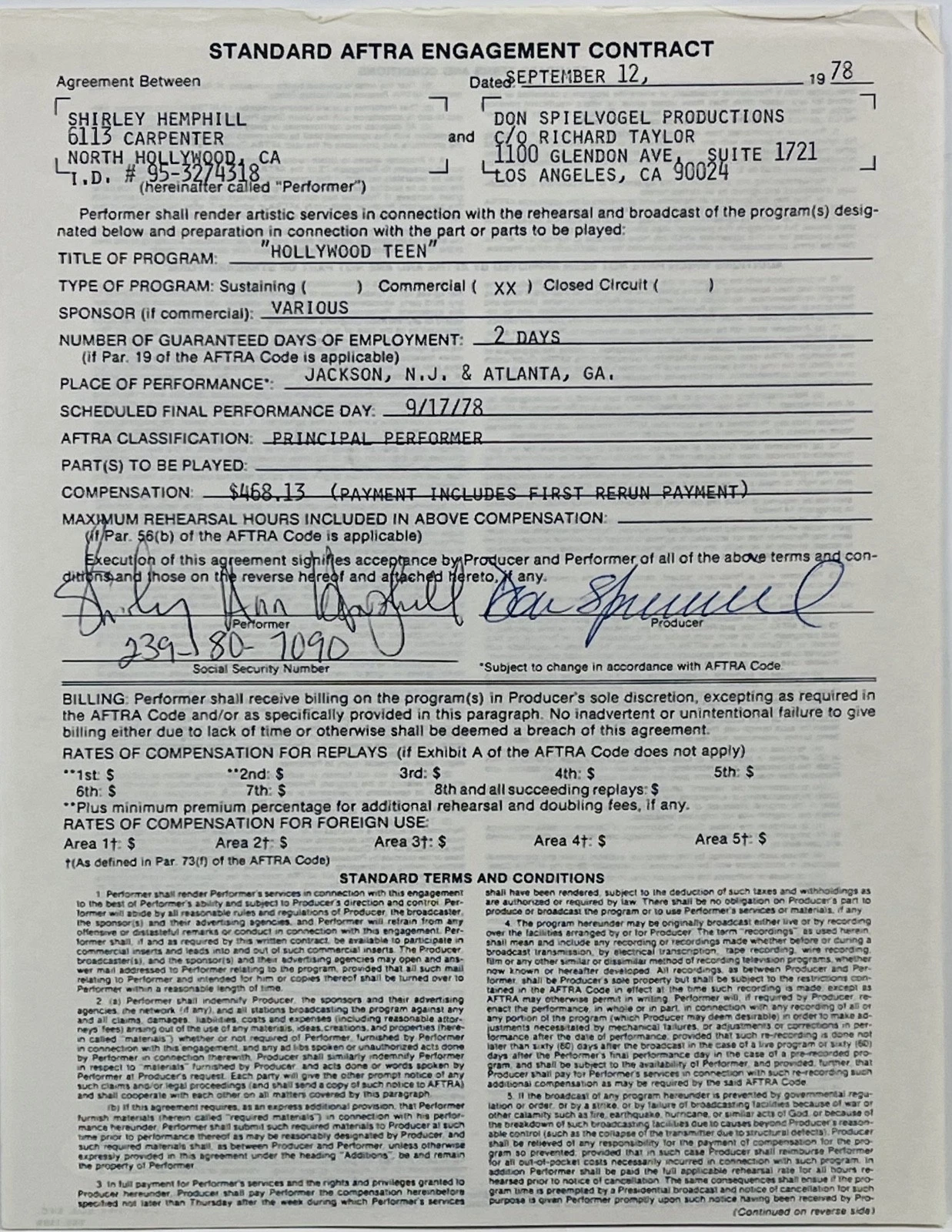 SHIRLEY HEMPHILL Signed Autograph Contract JSA COA What's Happening