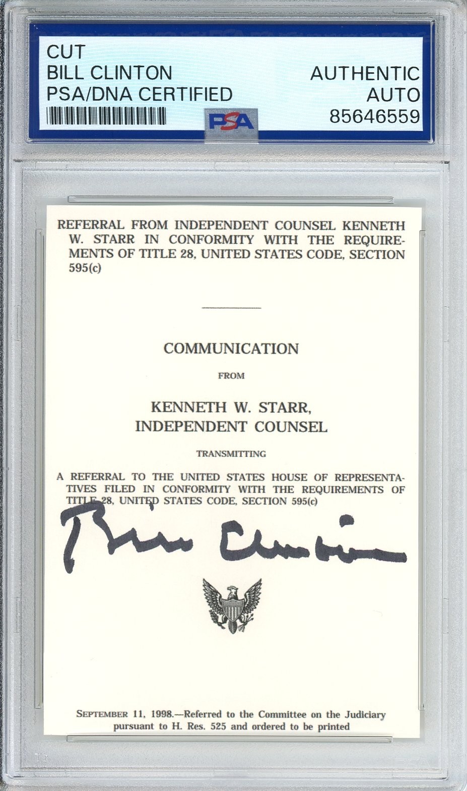 President Bill Clinton SIGNED Starr Impeachment Report Cut PSA DNA COA Authentic
