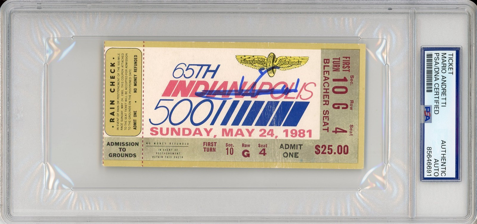 1981 Indy Indianapolis 500 Ticket Signed Mario Andretti PSA DNA COA Autograph F1