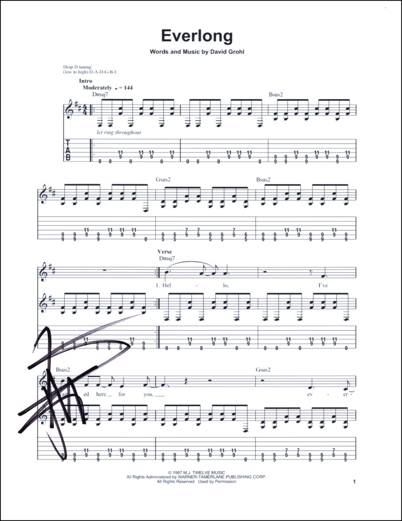 Pat Smear Foo Fighters Signed Autograph Everlong Sheet Music Colour & the Shape